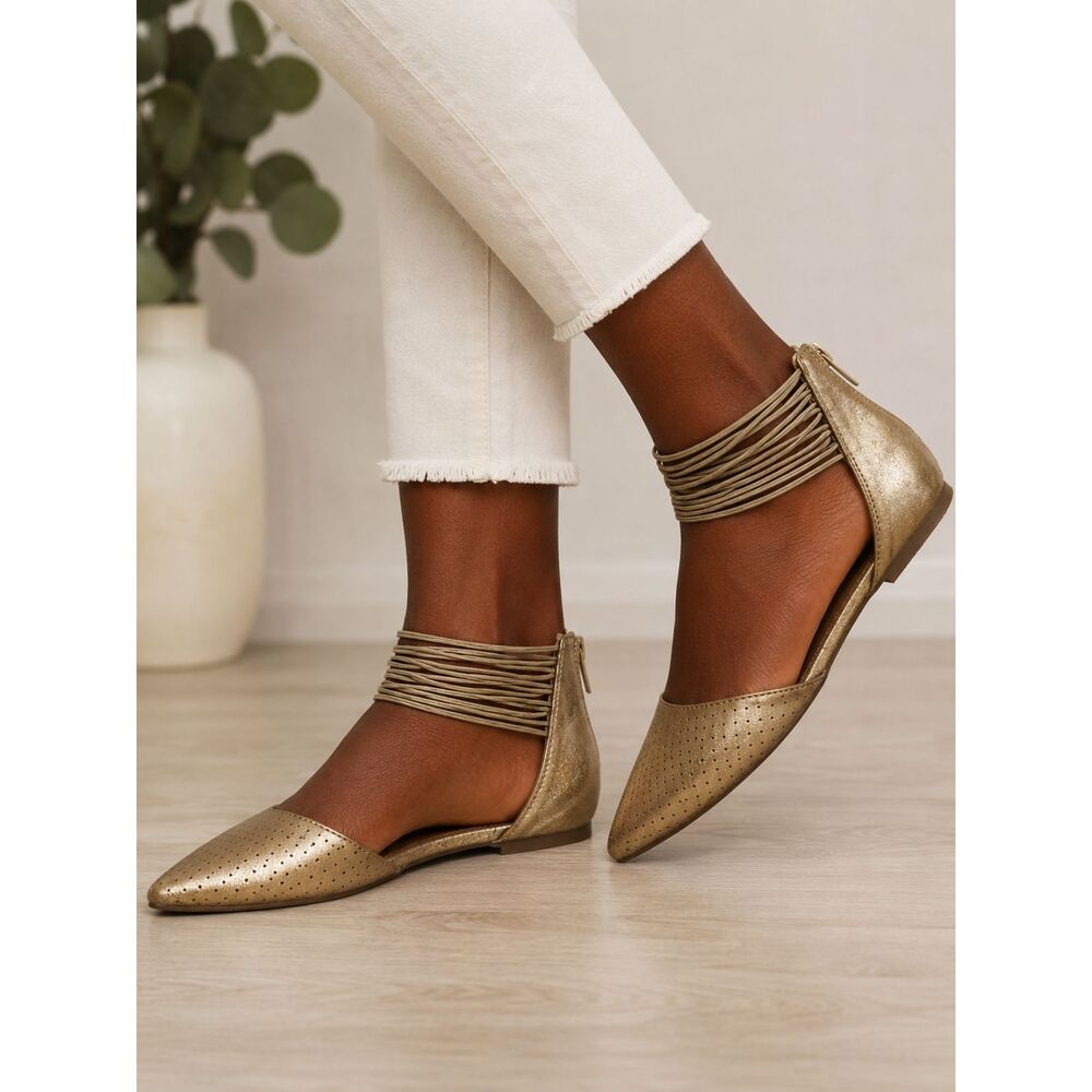 Rampage Gold Metallic Pointed Toe Flats Ankle Strap Shoes Women's Size 8M